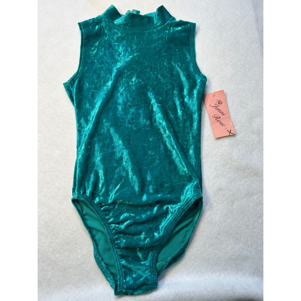 Jenni Rose Kids Teal Crushed Velvet Mock Neck Leotard Sleeveless Size 12-14 712